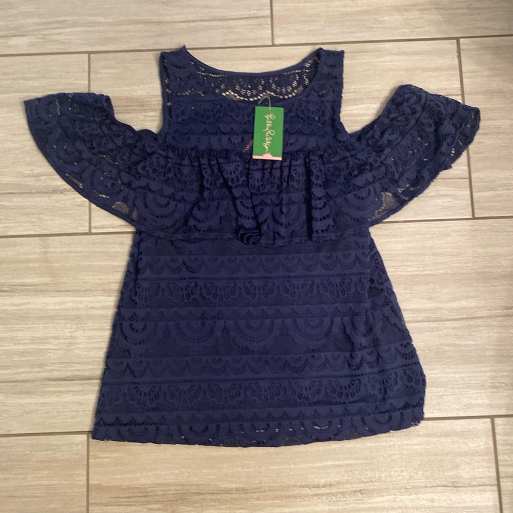 NWT Lilly Pulitzer Lyra top high tide navy scalloped striped lace size medium